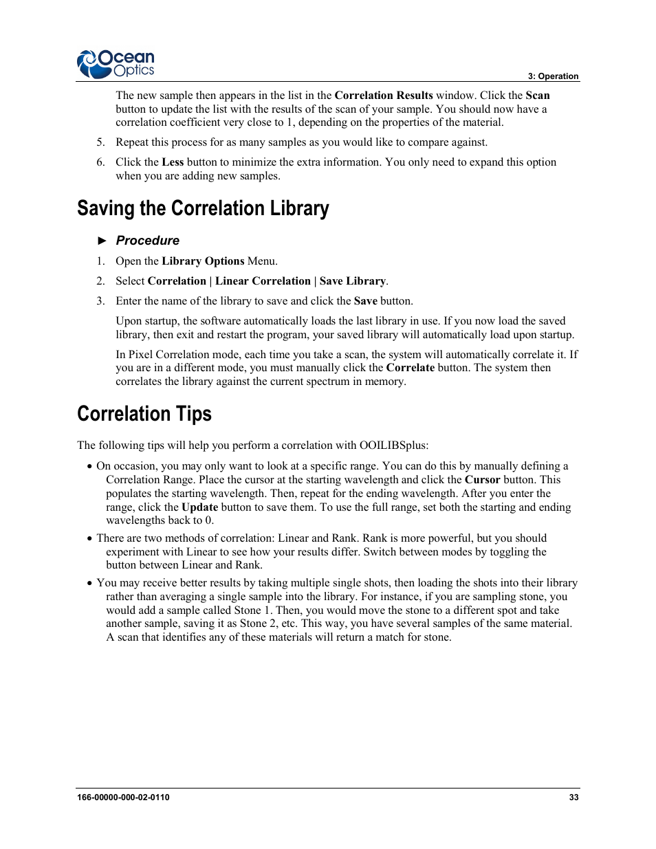 Saving the correlation library correlation tips, Saving the correlation library, Correlation tips | Ocean Optics LIBS2500plus User Manual | Page 43 / 64