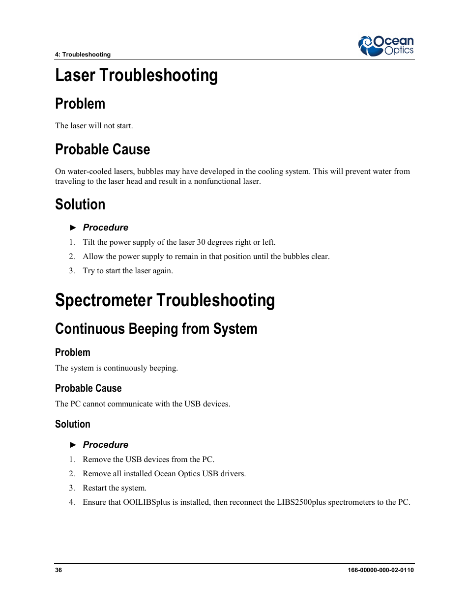 Laser troubleshooting, Problem probable cause solution, Spectrometer troubleshooting | Continuous beeping from system, Problem, Probable cause, Solution | Ocean Optics LIBS2500plus User Manual | Page 46 / 64