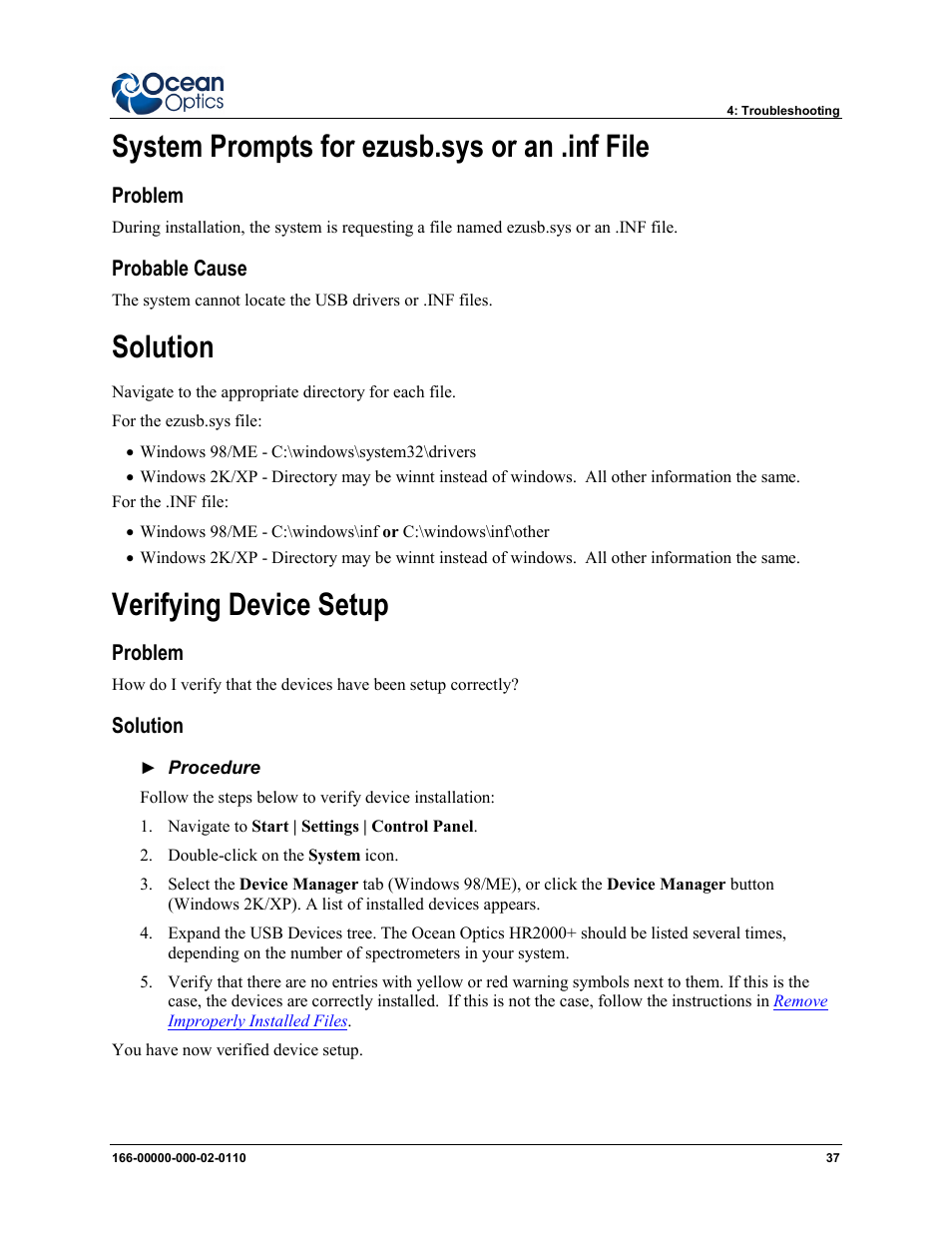 System prompts for ezusb.sys or an .inf file, Problem probable cause, Solution verifying device setup | Problem solution, Solution, Verifying device setup | Ocean Optics LIBS2500plus User Manual | Page 47 / 64