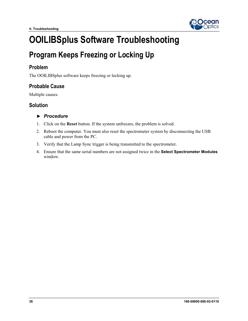 Ooilibsplus software troubleshooting, Program keeps freezing or locking up, Problem probable cause solution | Ocean Optics LIBS2500plus User Manual | Page 48 / 64