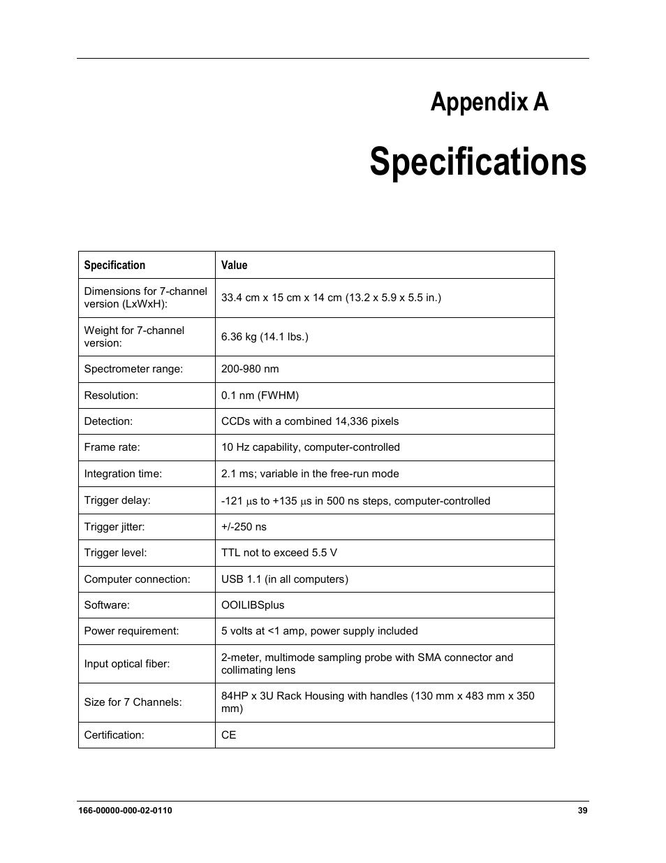 Specifications, Appendix a | Ocean Optics LIBS2500plus User Manual | Page 49 / 64