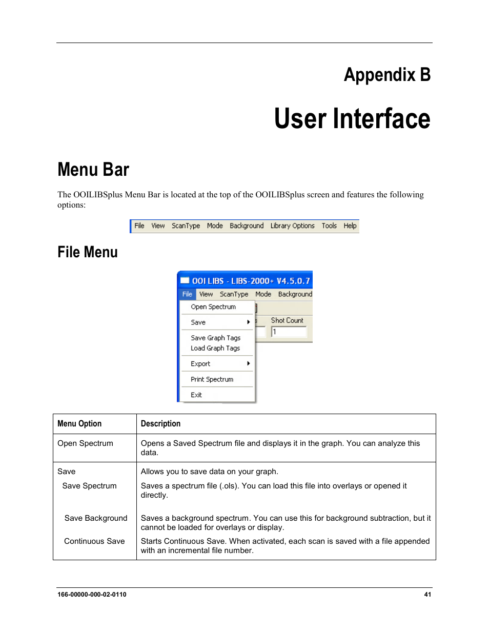 User interface, Menu bar, File menu | Appendix b | Ocean Optics LIBS2500plus User Manual | Page 51 / 64