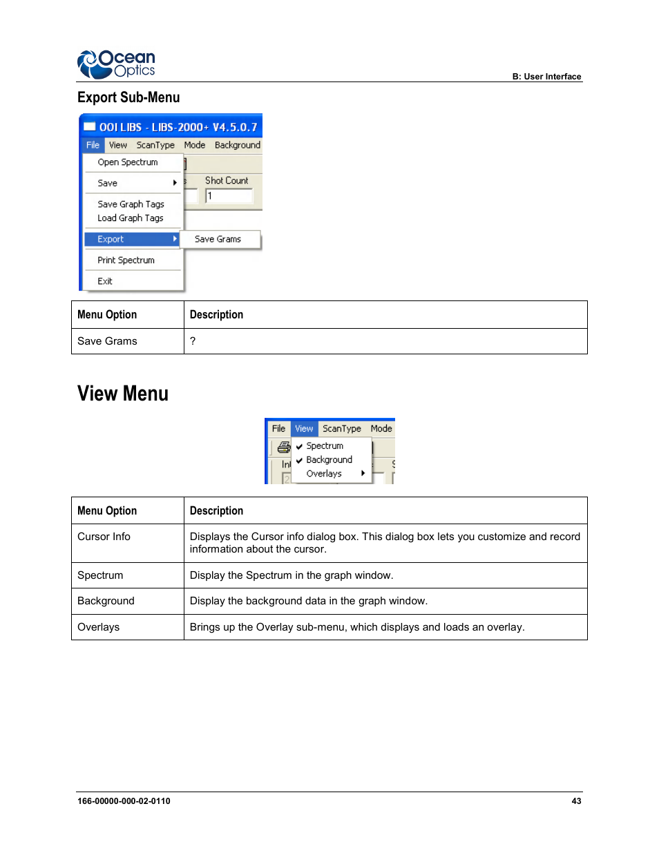 Export sub-menu, View menu | Ocean Optics LIBS2500plus User Manual | Page 53 / 64