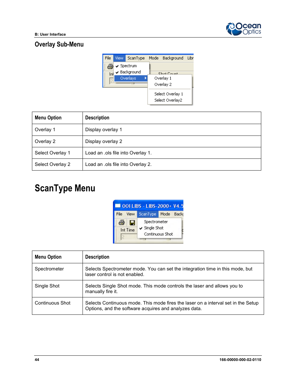 Overlay sub-menu, Scantype menu | Ocean Optics LIBS2500plus User Manual | Page 54 / 64