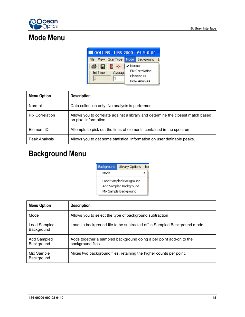 Mode menu background menu, Mode menu, Background menu | Ocean Optics LIBS2500plus User Manual | Page 55 / 64