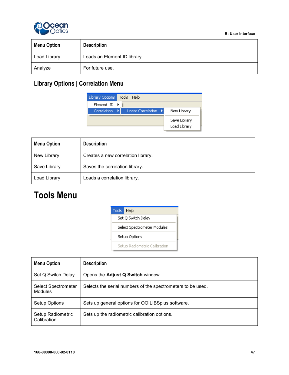 Library options | correlation menu, Tools menu, Y menu (see | Ocean Optics LIBS2500plus User Manual | Page 57 / 64