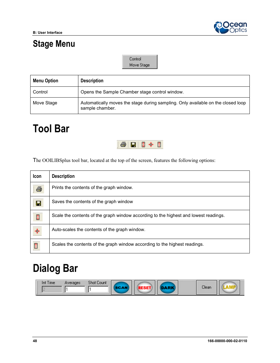 Stage menu, Tool bar dialog bar, Tool bar | Dialog bar | Ocean Optics LIBS2500plus User Manual | Page 58 / 64