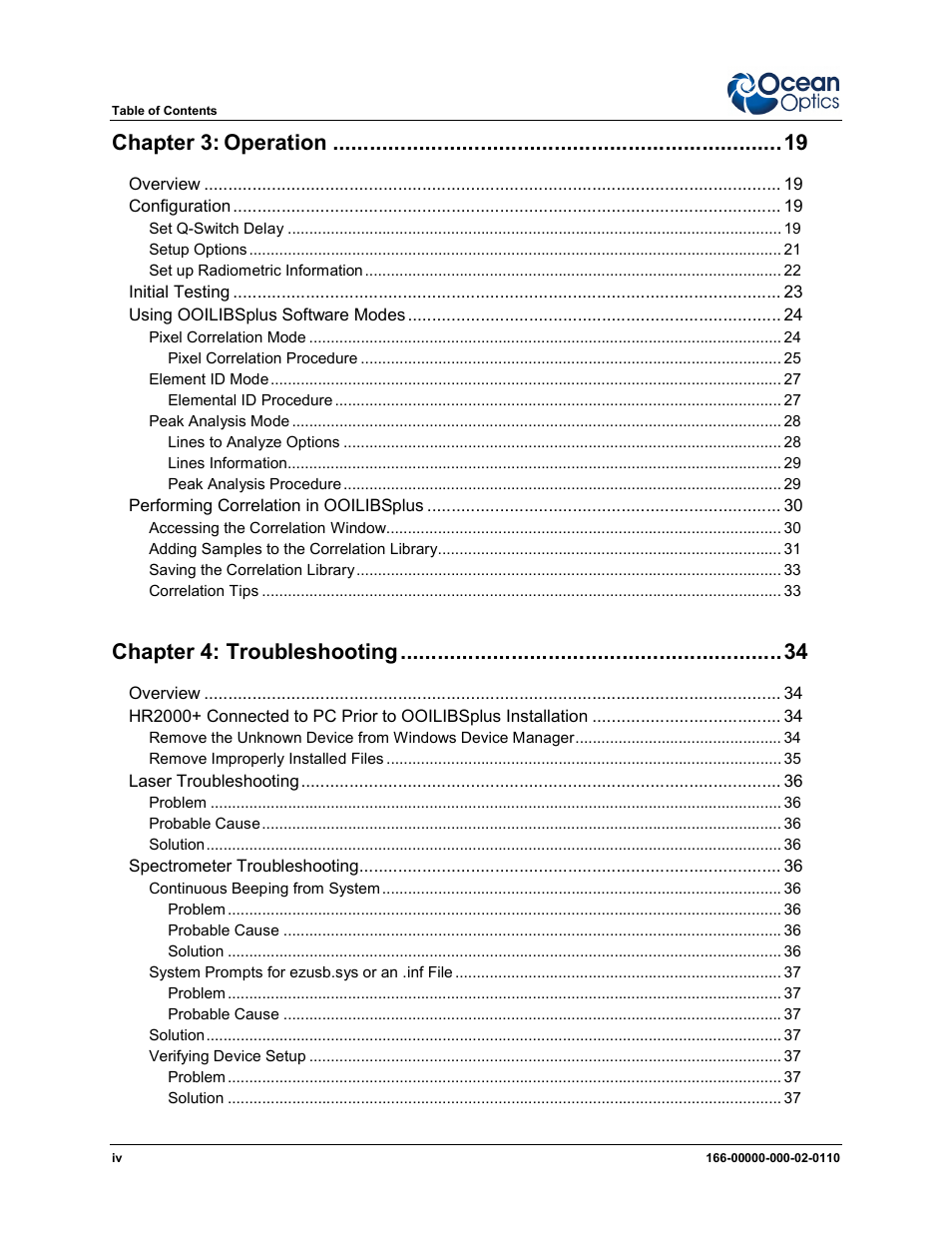 Chapter 3: operation, Chapter 4: troubleshooting | Ocean Optics LIBS2500plus User Manual | Page 6 / 64
