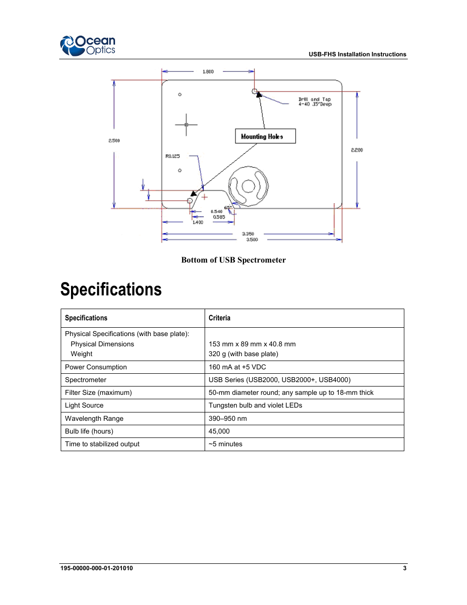 Specifications | Ocean Optics USB-FHS Filter Holder User Manual | Page 3 / 4