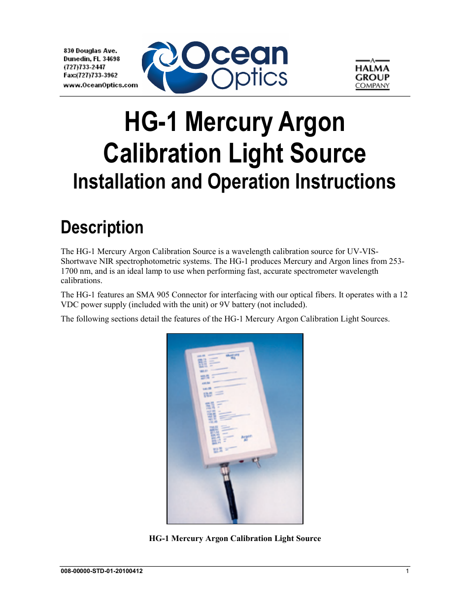 Ocean Optics HG-1 Mercury Argon User Manual | 6 pages