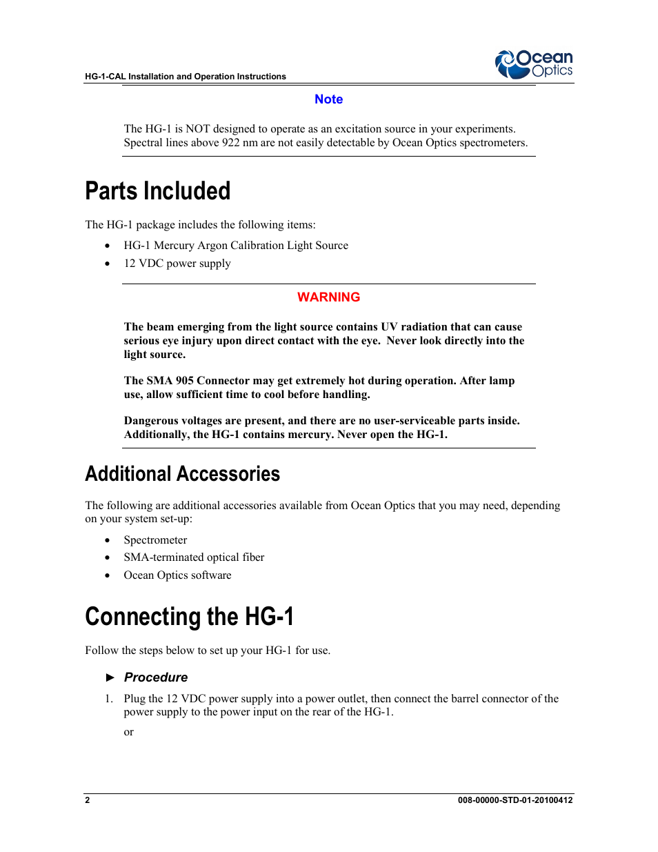 Parts included, Connecting the hg-1, Additional accessories | Ocean Optics HG-1 Mercury Argon User Manual | Page 2 / 6