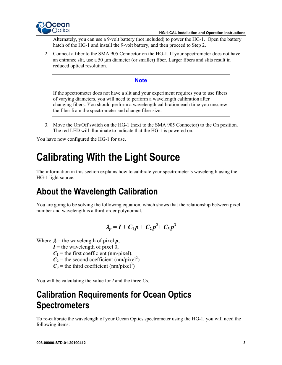 Calibrating with the light source, About the wavelength calibration | Ocean Optics HG-1 Mercury Argon User Manual | Page 3 / 6