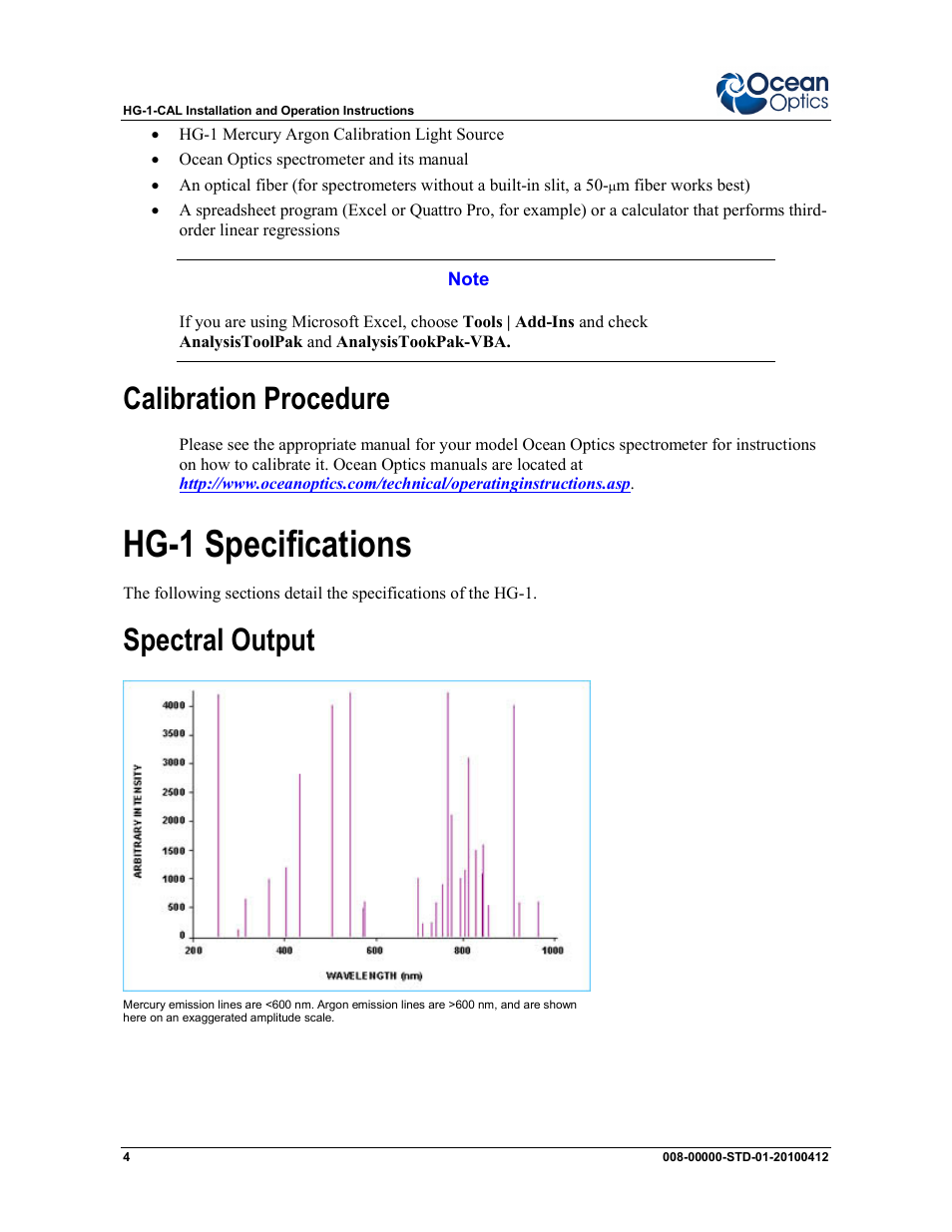 Hg-1 specifications, Calibration procedure, Spectral output | Ocean Optics HG-1 Mercury Argon User Manual | Page 4 / 6