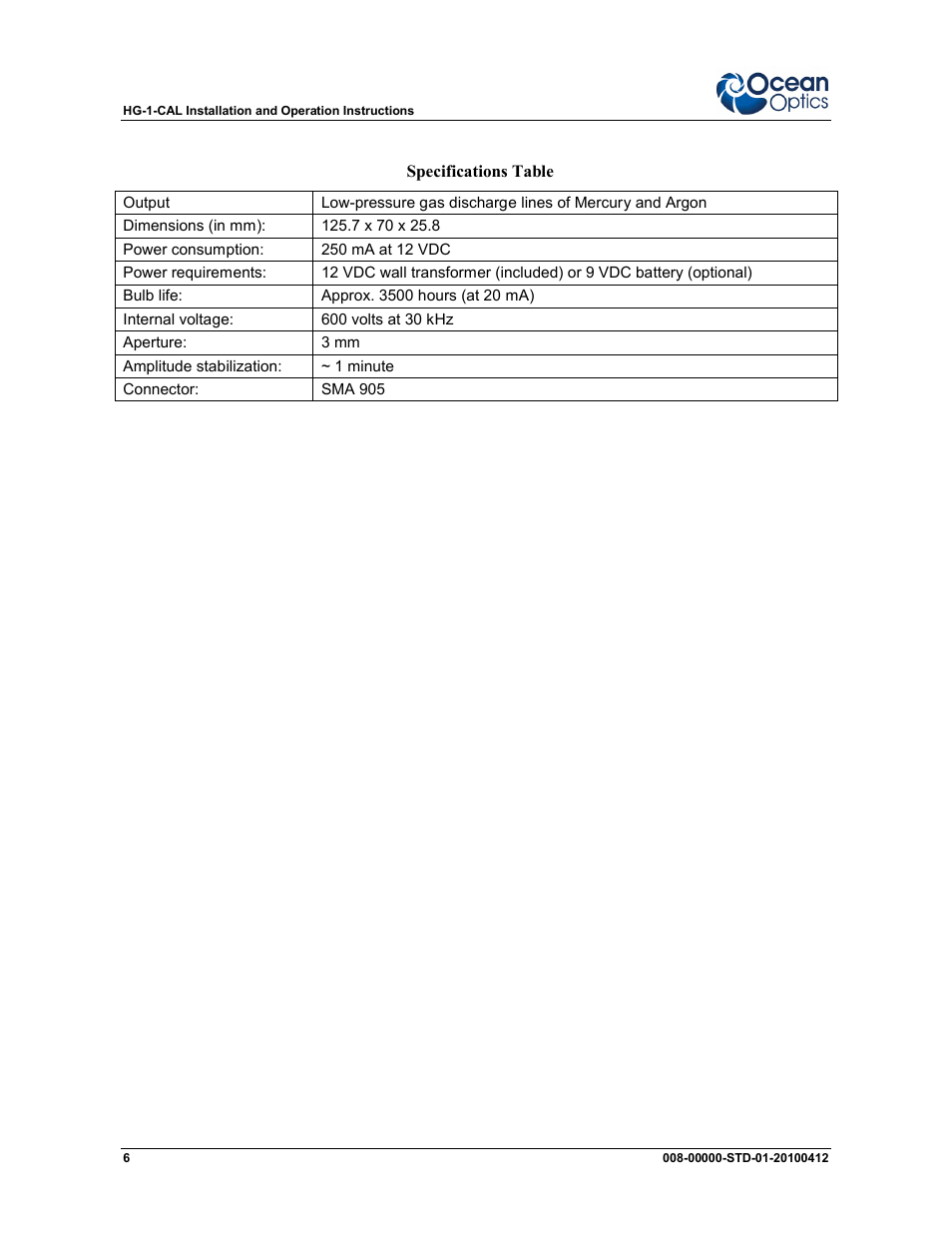 Ocean Optics HG-1 Mercury Argon User Manual | Page 6 / 6