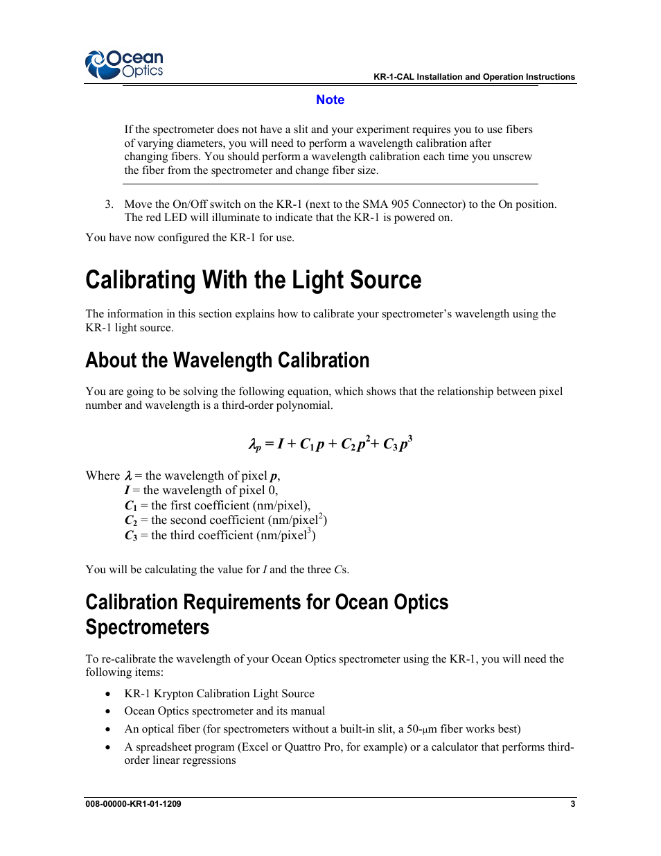 Calibrating with the light source, About the wavelength calibration, I + c | P + c | Ocean Optics KR-1 Krypton User Manual | Page 3 / 6