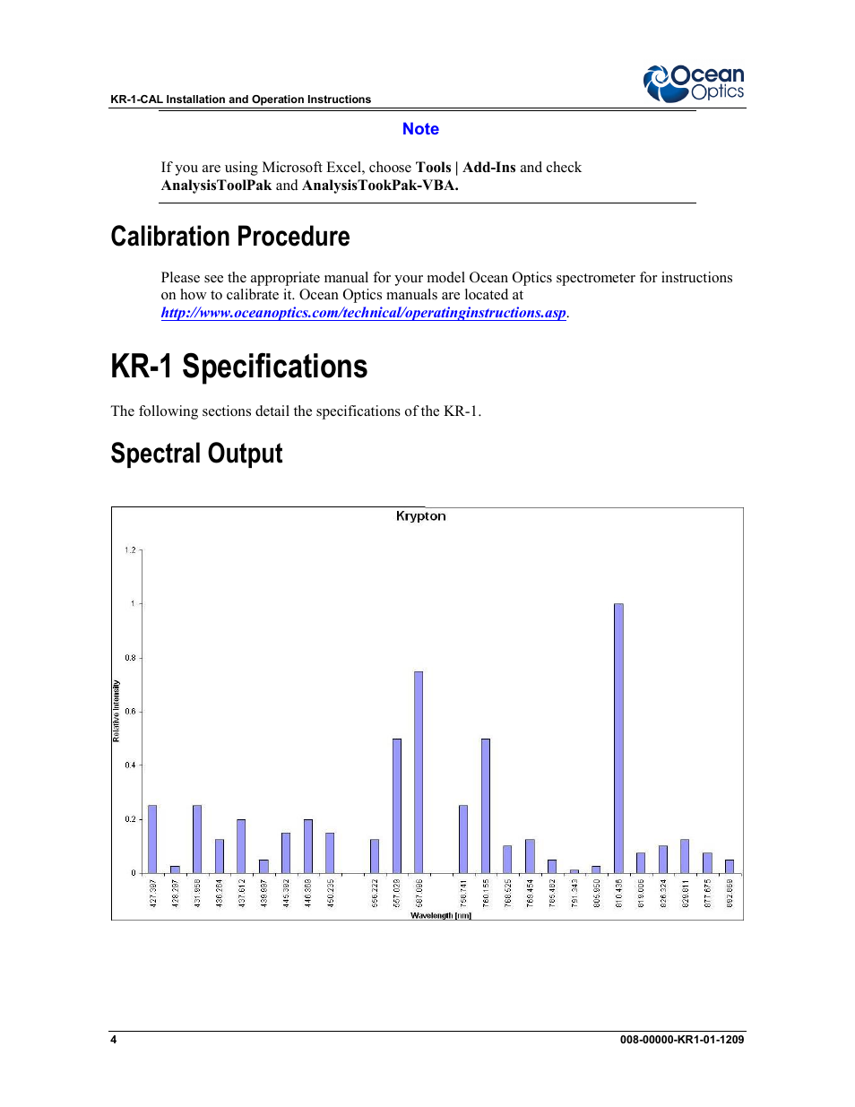 Kr-1 specifications, Calibration procedure, Spectral output | Ocean Optics KR-1 Krypton User Manual | Page 4 / 6