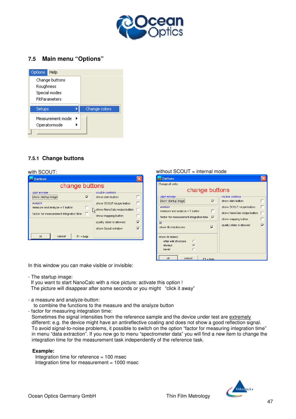 Main menu “options | Ocean Optics NanoCalc User Manual | Page 48 / 81