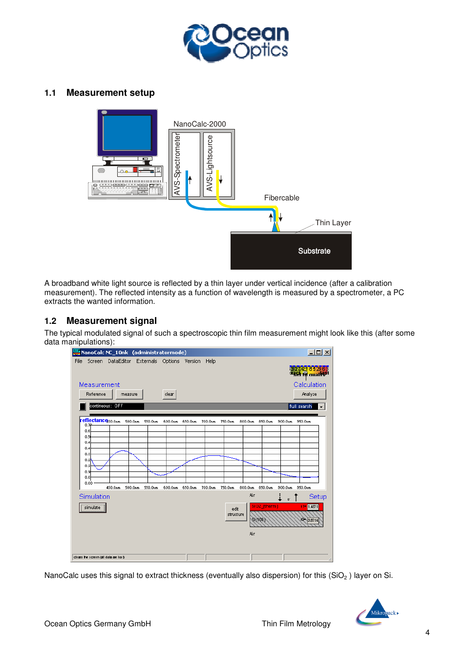 Measurement setup, Measurement signal | Ocean Optics NanoCalc User Manual | Page 5 / 81