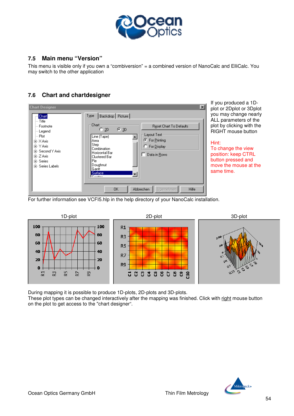 Main menu “version, Chart and chartdesigner | Ocean Optics NanoCalc User Manual | Page 55 / 81