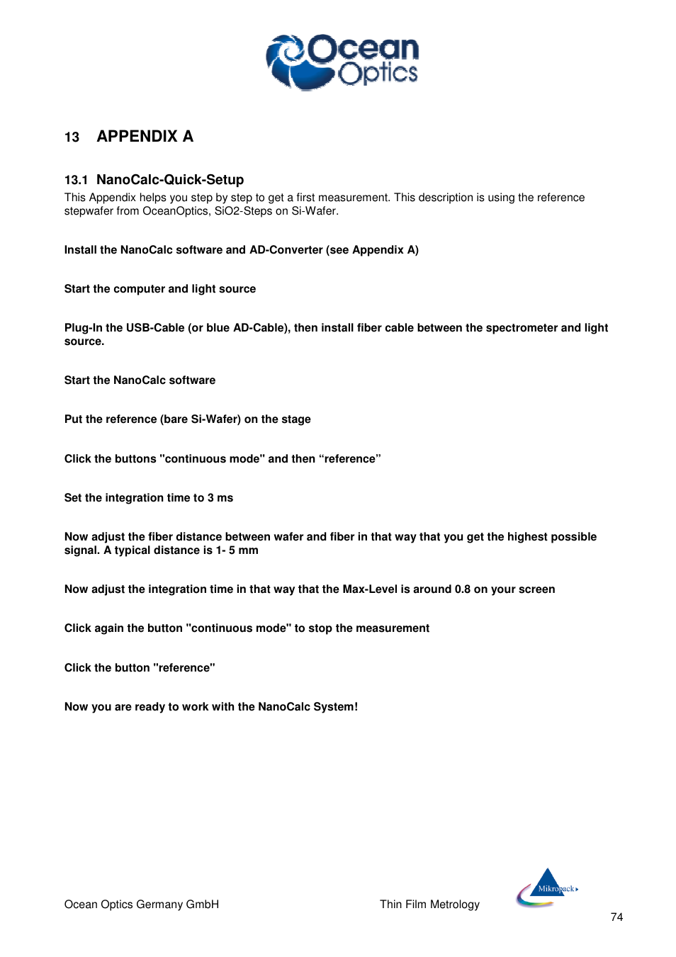 Appendix a | Ocean Optics NanoCalc User Manual | Page 75 / 81