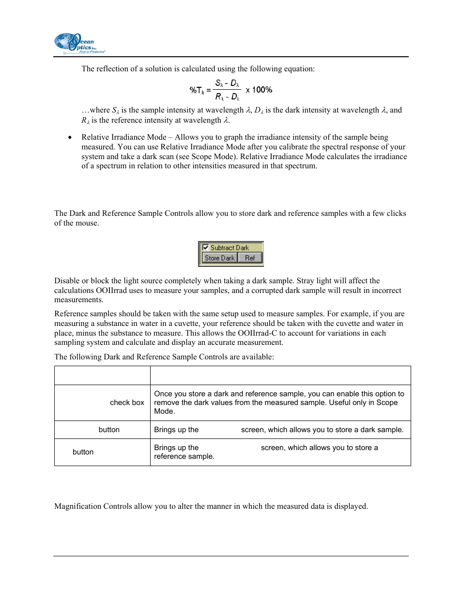 Dark and reference sample controls, Magnification controls | Ocean Optics OOIIrrad-C User Manual | Page 17 / 72
