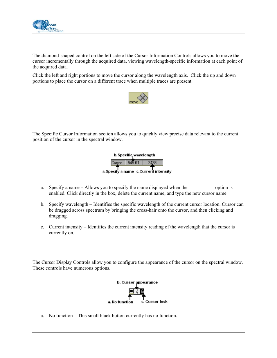 Cursor move controls, Specific cursor information, Cursor display controls | Ocean Optics OOIIrrad-C User Manual | Page 19 / 72