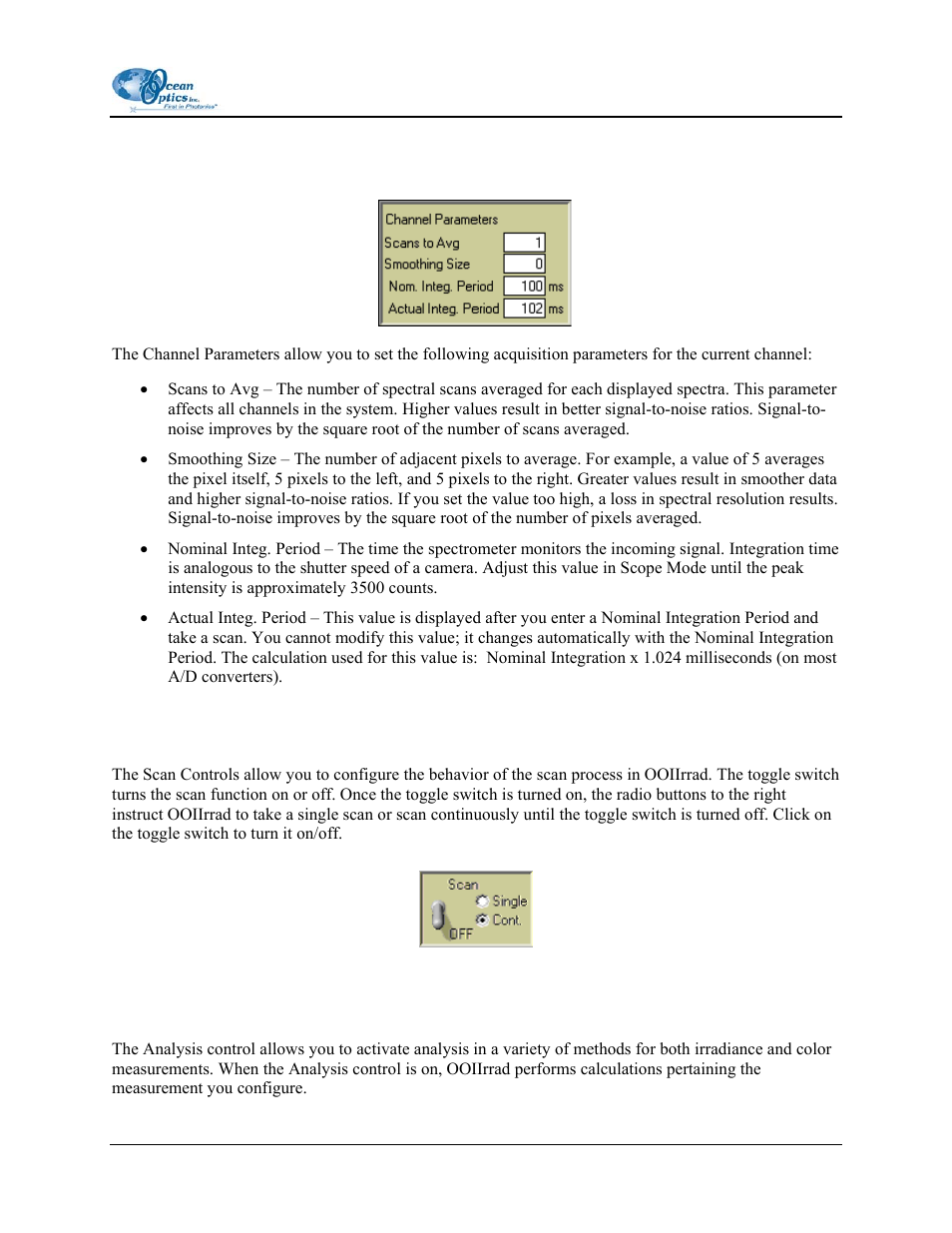 Channel parameters, Scan controls, Analysis control | Ocean Optics OOIIrrad-C User Manual | Page 21 / 72