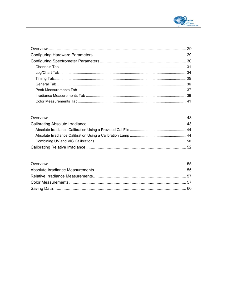 Chapter 4: configuration, Chapter 5: calibration, Chapter 6: taking measurements | Appendix a: menu structure, Index | Ocean Optics OOIIrrad-C User Manual | Page 4 / 72