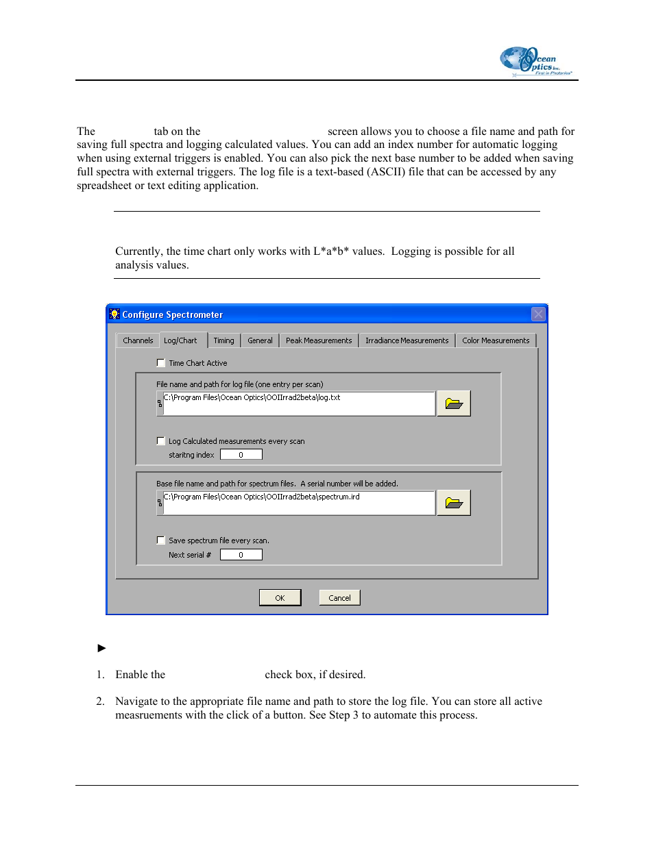 Log/chart tab | Ocean Optics OOIIrrad-C User Manual | Page 40 / 72