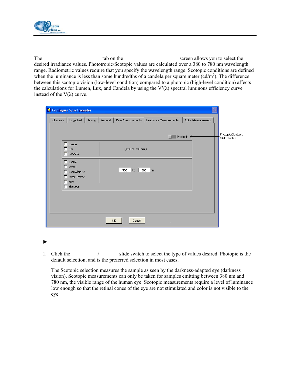 Irradiance measurements tab | Ocean Optics OOIIrrad-C User Manual | Page 45 / 72
