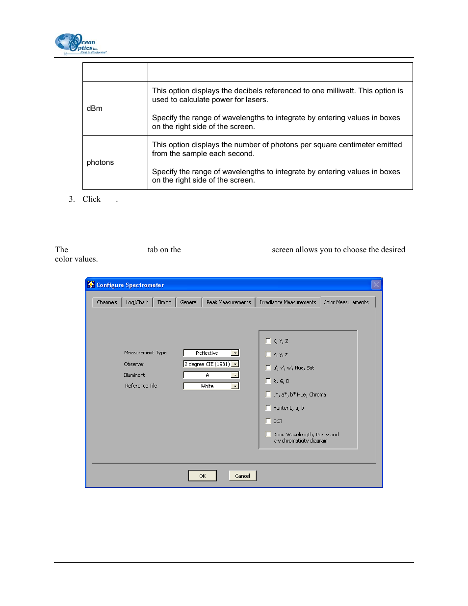 Color measurements tab | Ocean Optics OOIIrrad-C User Manual | Page 47 / 72