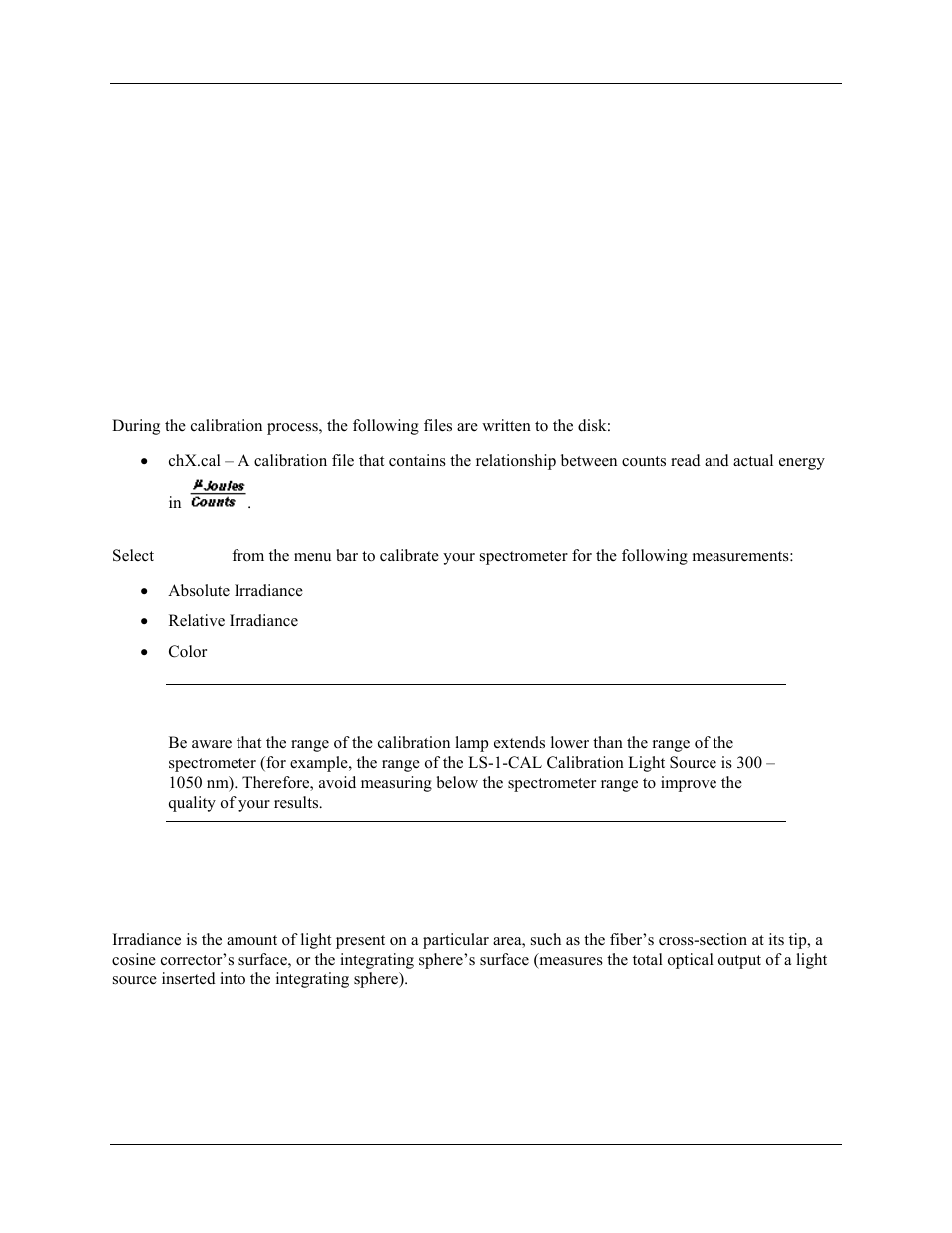 Calibration, Overview, Calibrating absolute irradiance | Chapter 5: calibration, Chapter 5 | Ocean Optics OOIIrrad-C User Manual | Page 49 / 72