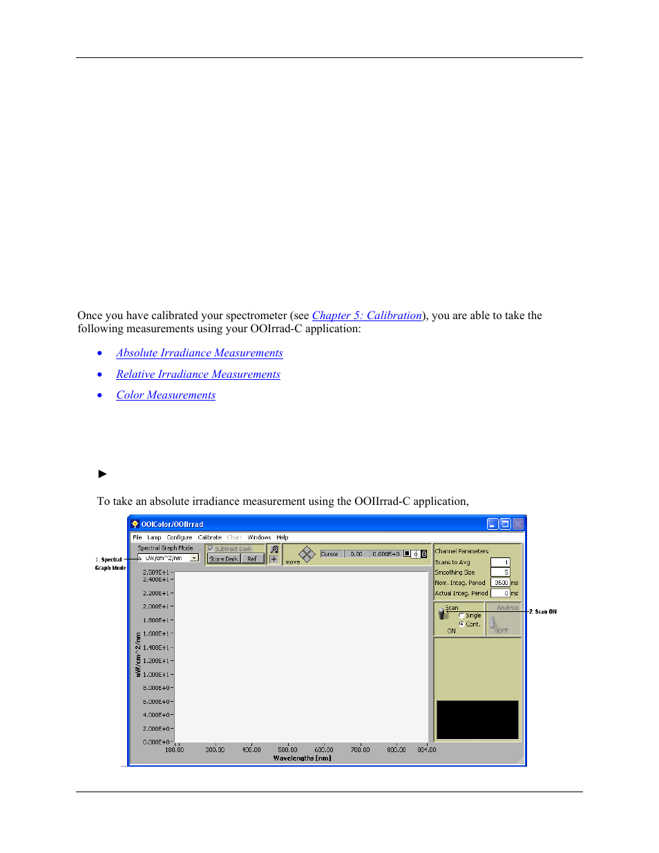 Taking measurements, Overview, Absolute irradiance measurements | Chapter 6: taking measurements, Chapter 6 | Ocean Optics OOIIrrad-C User Manual | Page 61 / 72