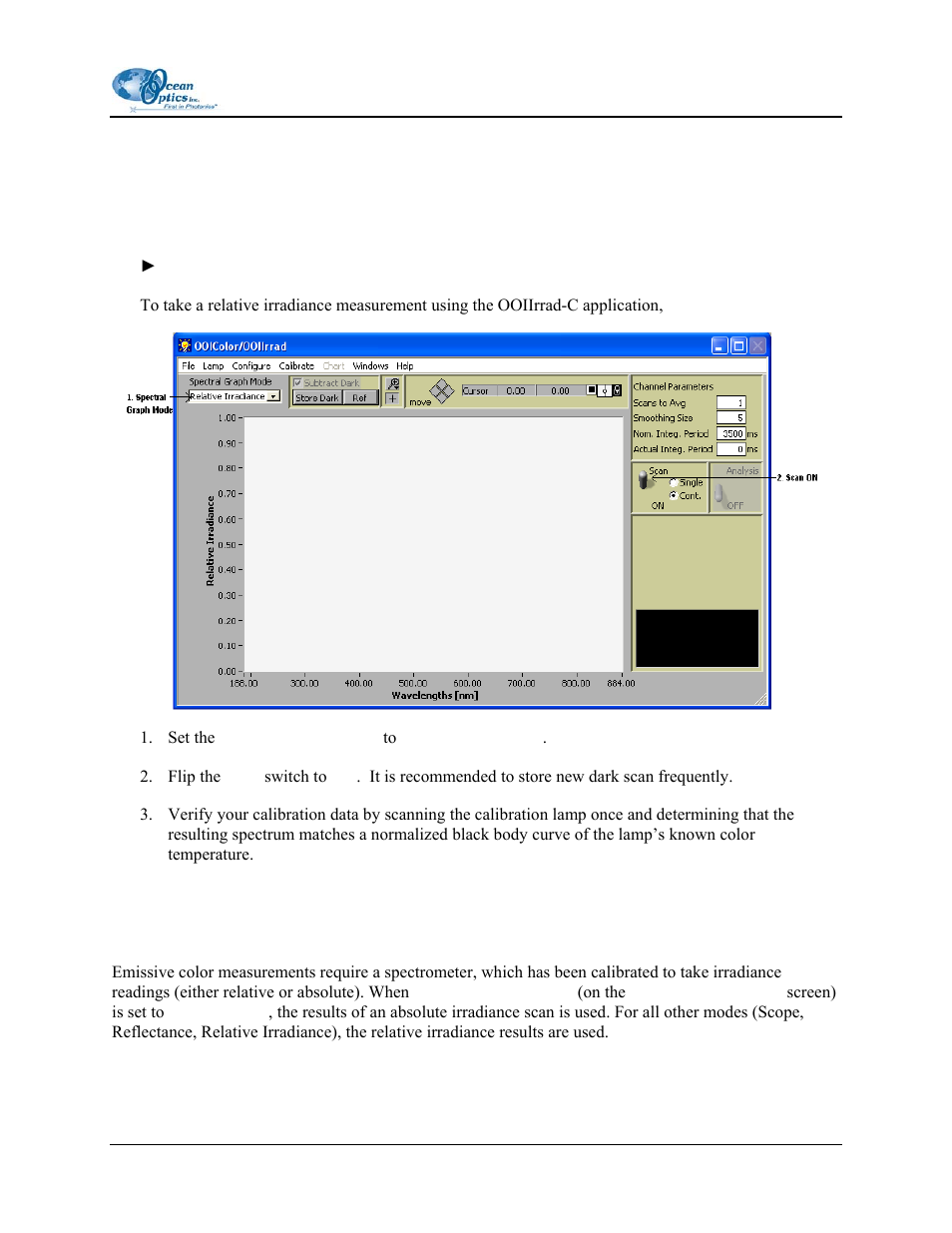 Relative irradiance measurements, Color measurements, Relative or absolute irradiance calibration (see | Color, Measurements | Ocean Optics OOIIrrad-C User Manual | Page 63 / 72