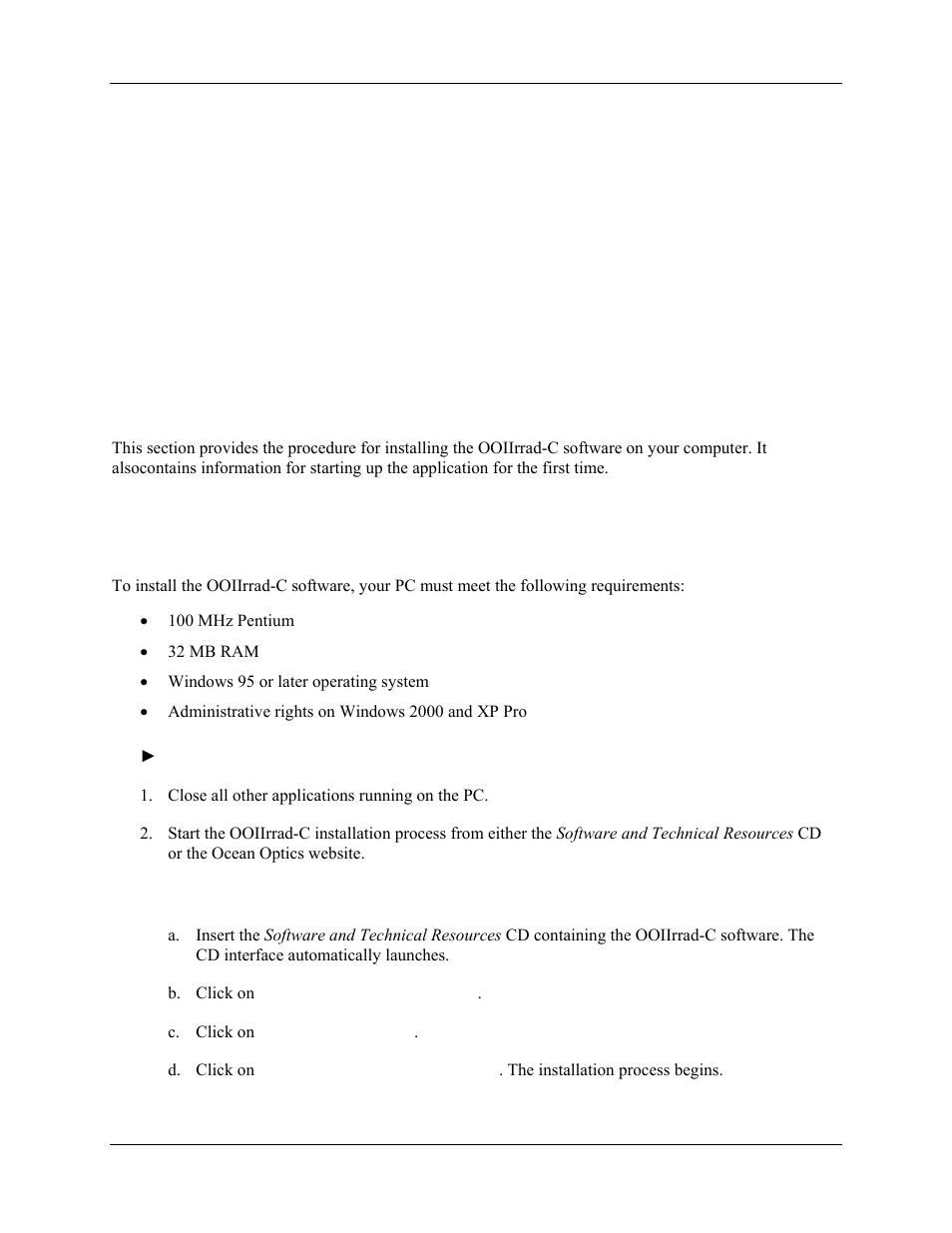 Installation and start-up, Overview, Installing the ooiirrad-c software | Installing from cd, Chapter 2: installation and start-up, Chapter 2 | Ocean Optics OOIIrrad-C User Manual | Page 9 / 72