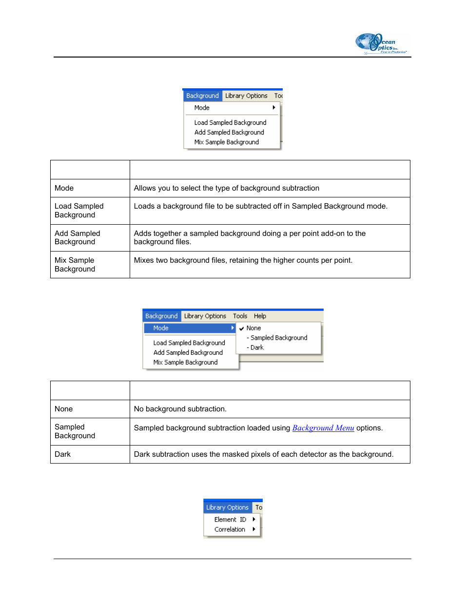 Background menu, Background | mode menu, Library options menu | Ocean Optics LIBS2000+ User Manual | Page 52 / 62