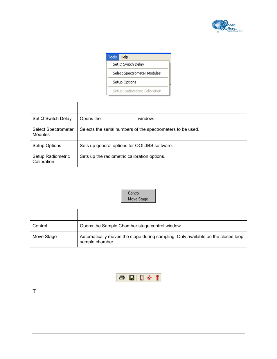 Tools menu, Stage menu, Tool bar | Ocean Optics LIBS2000+ User Manual | Page 54 / 62