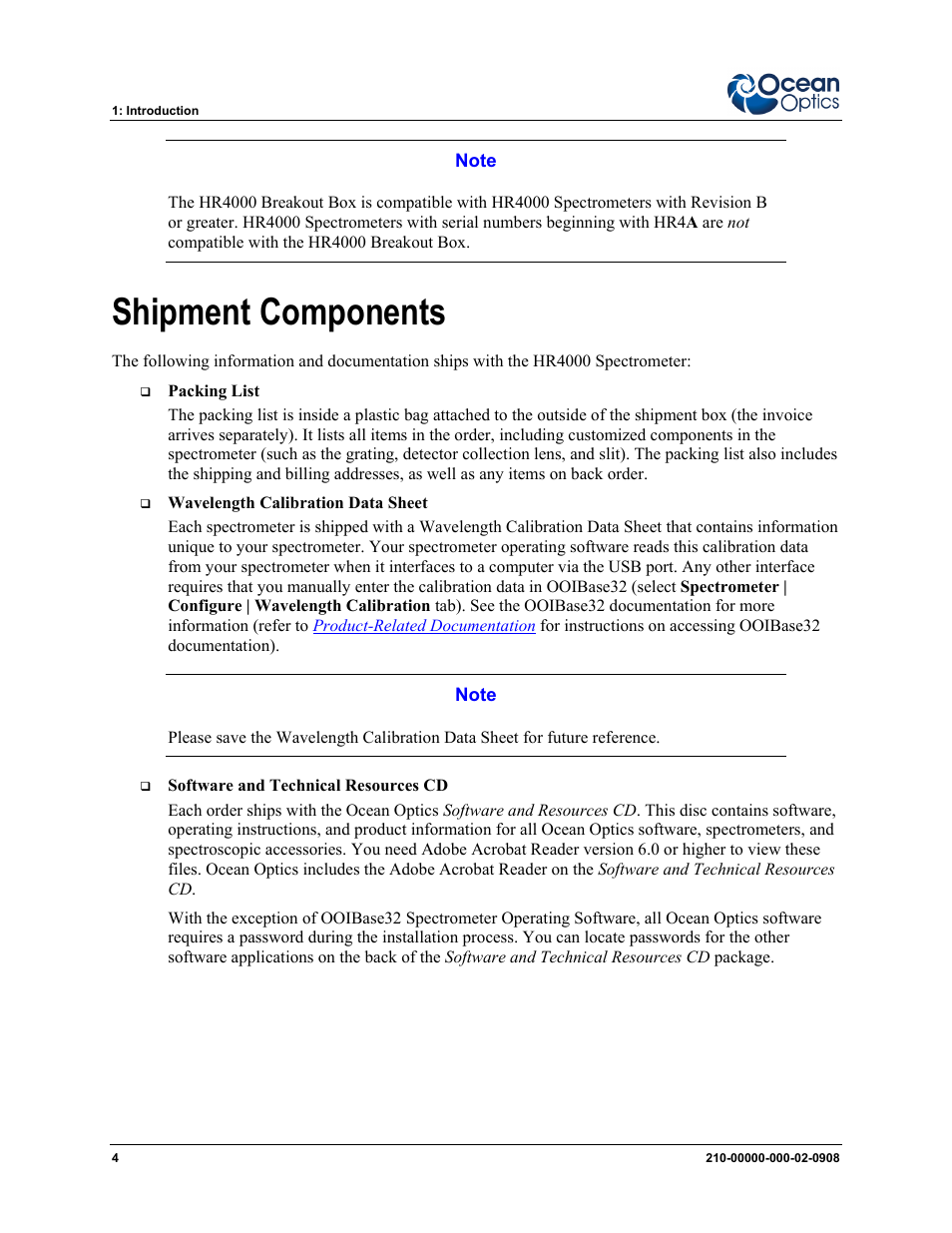 Shipment components | Ocean Optics HR4000CG-UV-NIR User Manual | Page 12 / 38