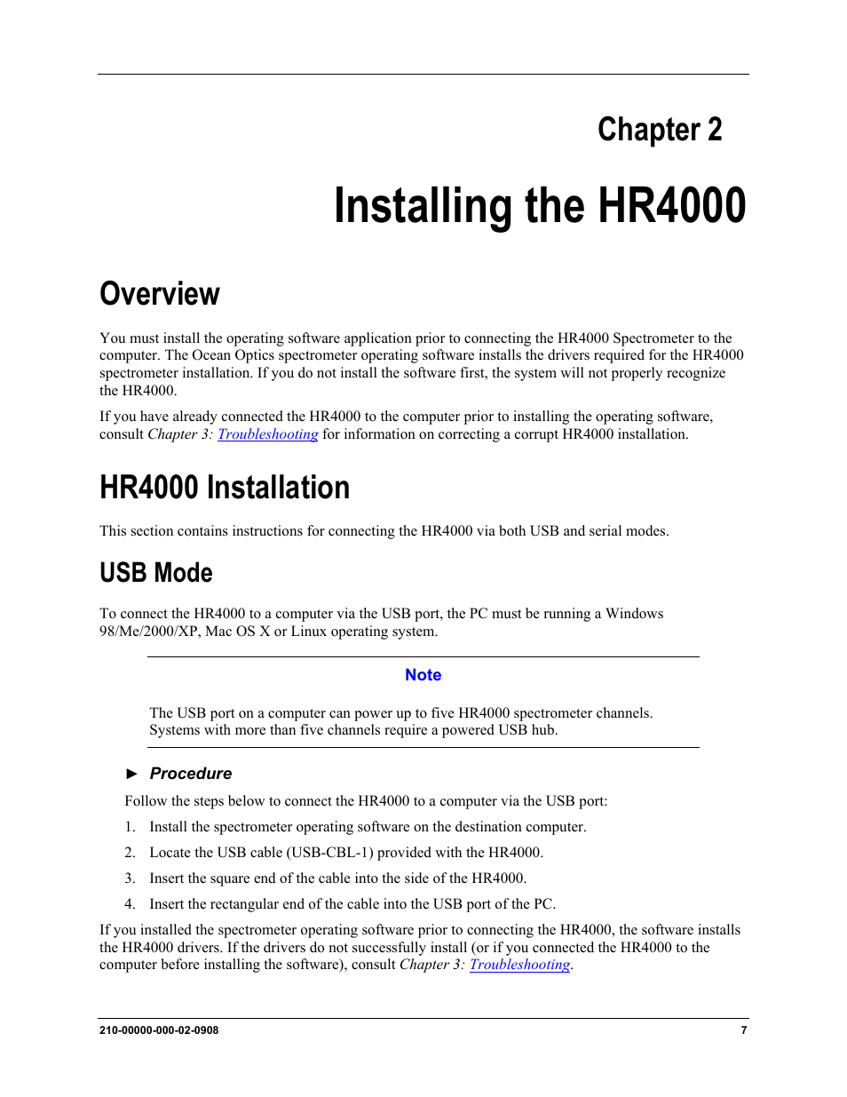 Installing the hr4000, Overview, Hr4000 installation | Usb mode, Chapter 2: installing the hr4000, Chapter 2 | Ocean Optics HR4000CG-UV-NIR User Manual | Page 15 / 38