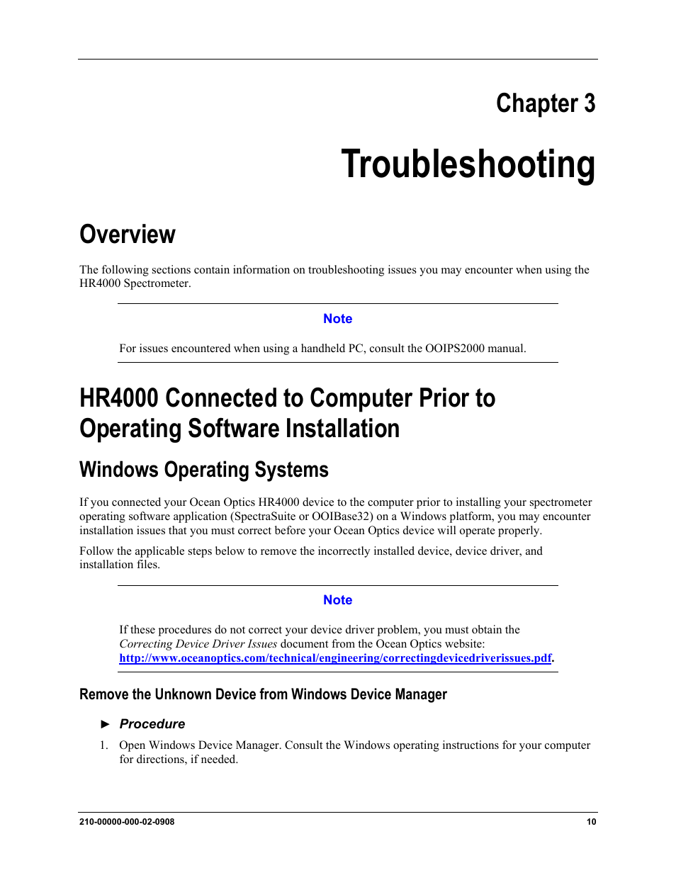 Troubleshooting, Overview, Windows operating systems | Chapter 3: troubleshooting, Chapter 3 | Ocean Optics HR4000CG-UV-NIR User Manual | Page 18 / 38