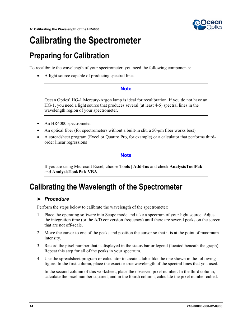 Calibrating the spectrometer, Preparing for calibration, Calibrating the wavelength of the spectrometer | Ocean Optics HR4000CG-UV-NIR User Manual | Page 22 / 38