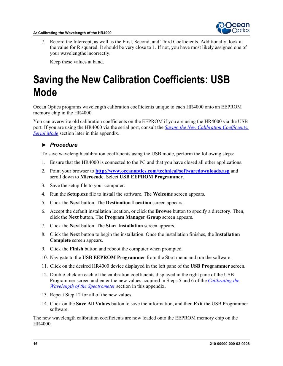 Saving the new calibration coefficients: usb mode | Ocean Optics HR4000CG-UV-NIR User Manual | Page 24 / 38