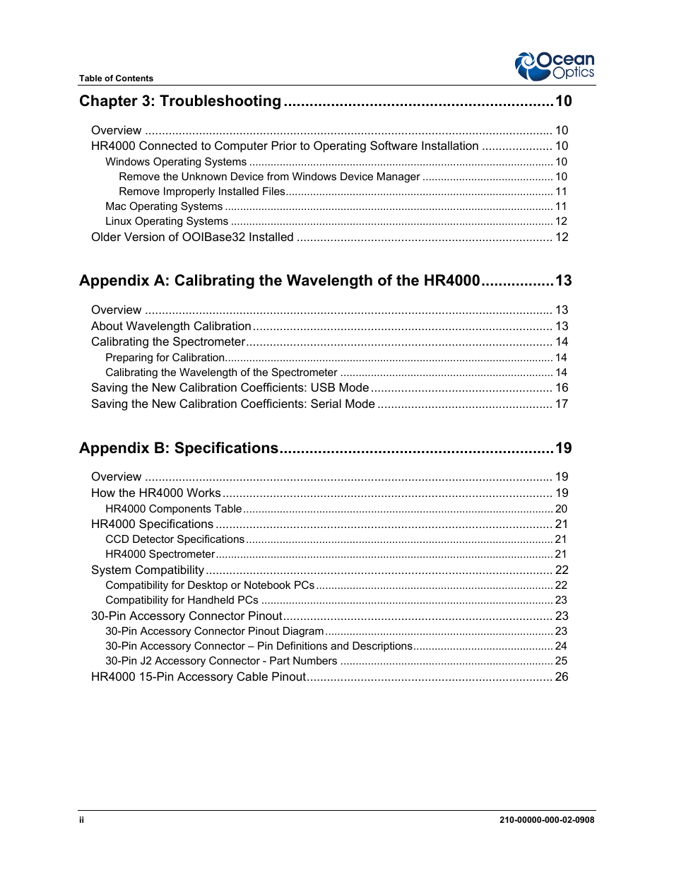 Chapter 3: troubleshooting, Appendix b: specifications | Ocean Optics HR4000CG-UV-NIR User Manual | Page 4 / 38