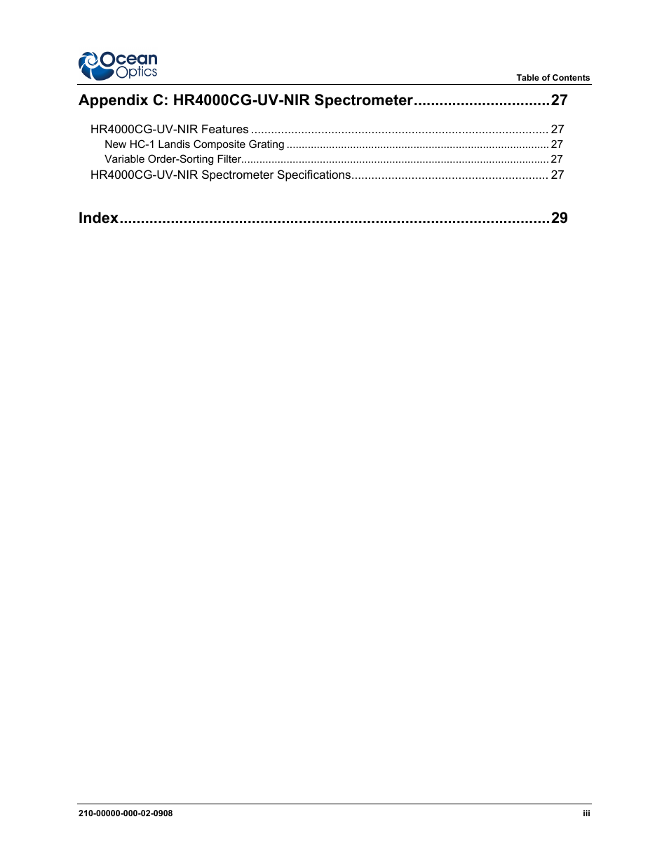 Appendix c: hr4000cg-uv-nir spectrometer, Index | Ocean Optics HR4000CG-UV-NIR User Manual | Page 5 / 38