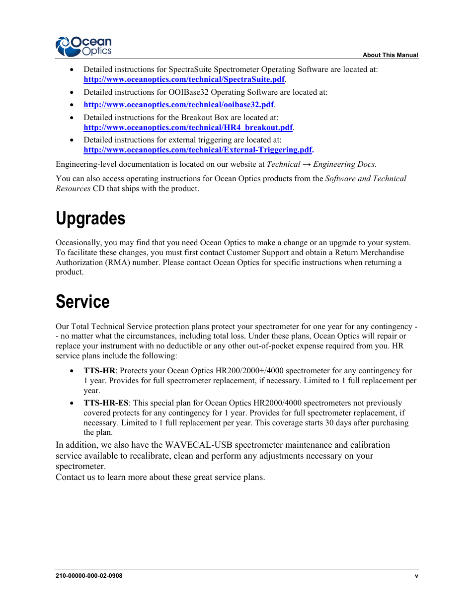 Upgrades, Service | Ocean Optics HR4000CG-UV-NIR User Manual | Page 7 / 38