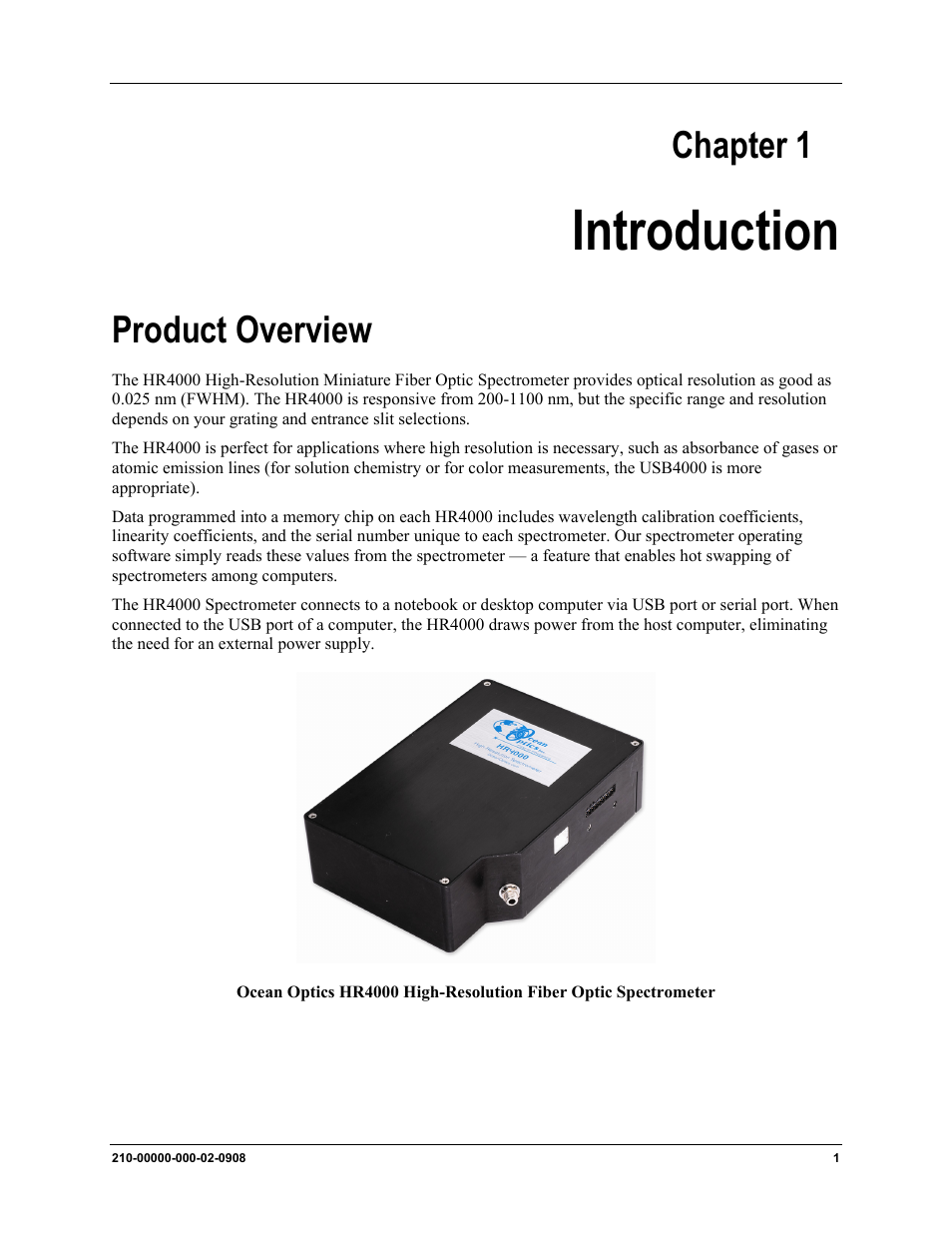 Introduction, Product overview, Chapter 1: introduction | Chapter 1 | Ocean Optics HR4000CG-UV-NIR User Manual | Page 9 / 38