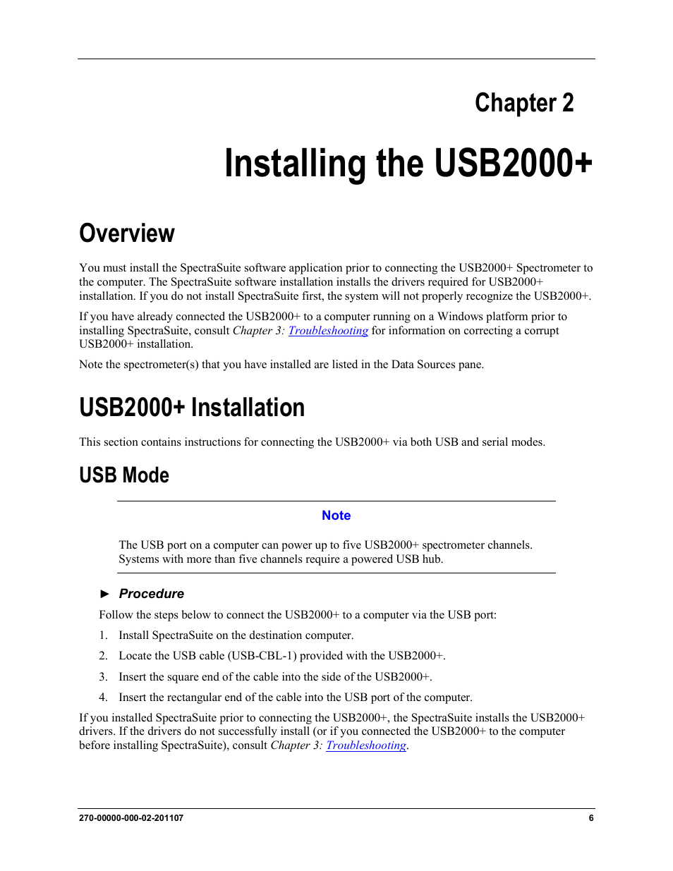 Chapter 2: installing the usb2000, Overview usb2000+ installation, Usb mode | Installing the usb2000, Chapter 2, Overview, Usb2000+ installation | Ocean Optics USB2000+ Install User Manual | Page 12 / 30