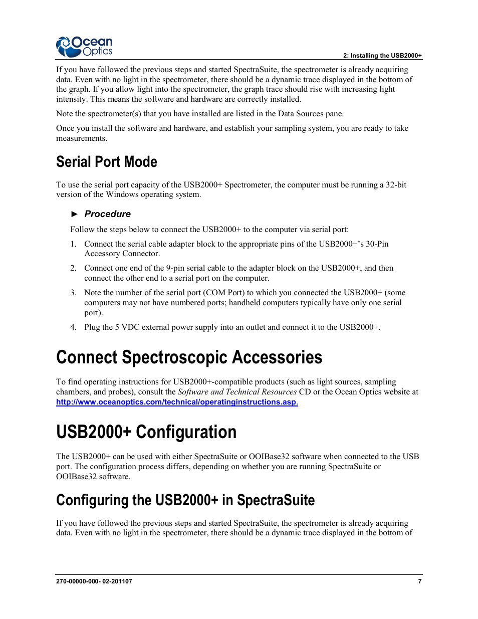 Serial port mode, Configuring the usb2000+ in spectrasuite, Connect spectroscopic accessories | Usb2000+ configuration | Ocean Optics USB2000+ Install User Manual | Page 13 / 30