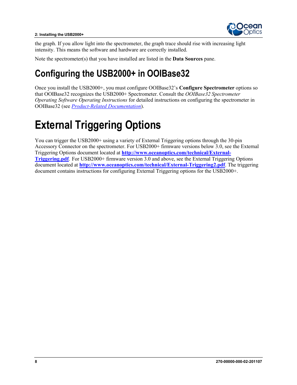 Configuring the usb2000+ in ooibase32, External triggering options | Ocean Optics USB2000+ Install User Manual | Page 14 / 30