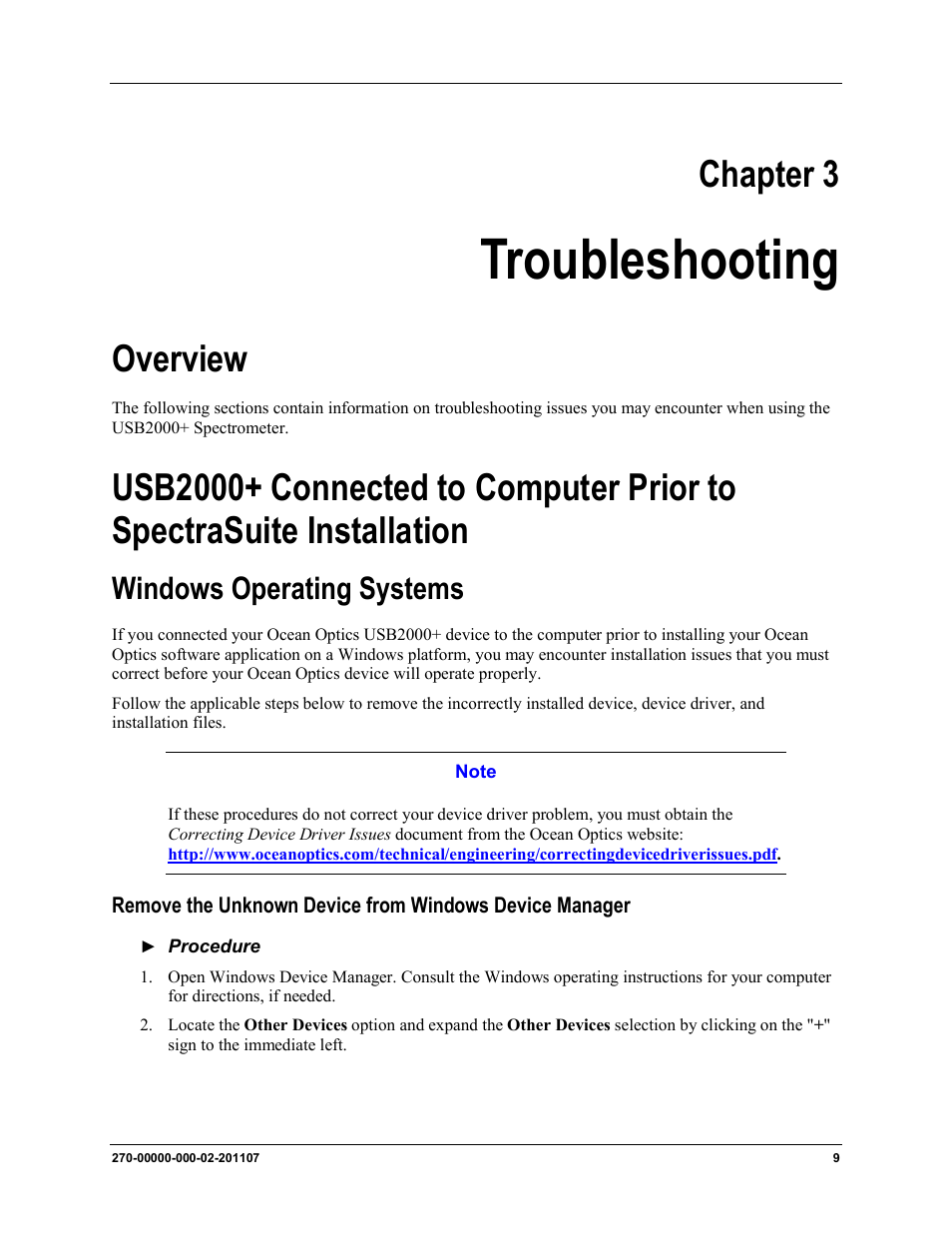 Chapter 3: troubleshooting, Windows operating systems, Troubleshooting | Chapter 3, Overview | Ocean Optics USB2000+ Install User Manual | Page 15 / 30
